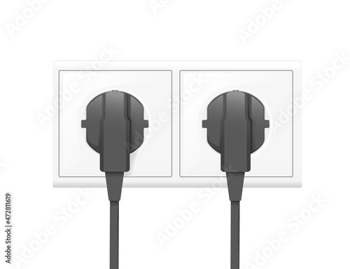 Black power plug and white wall socket european type of plug C vector illustration on white background