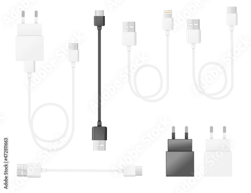 Set of cell phone usb charging plugs different types of usb standards vector illustration on white