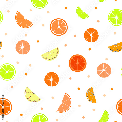 Seamless pattern with citrus slices. Lime, orange fruit, red orange, clementine, mandarin, lemon. Sequin elements.