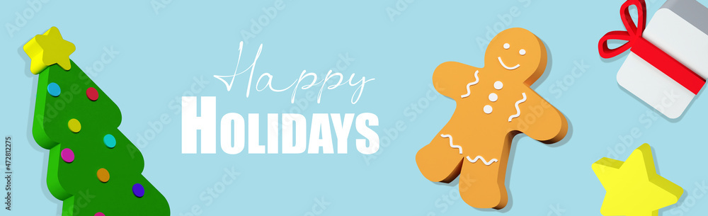 Obraz premium Christmas 3d render banner or greeting card with tree, Gingerbread Man cookies, gift box and star on blue background with text Happy Holidays