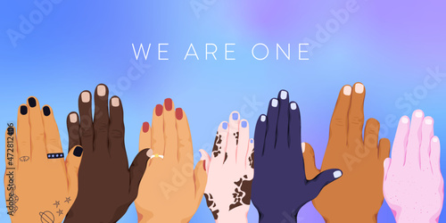Group of multicultural people raising hands against racism