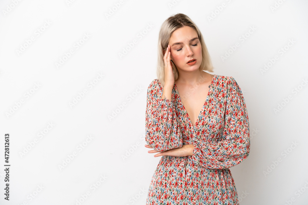 Young caucasian woman isolated on white background with headache Young caucasian woman isolated on white background with headache