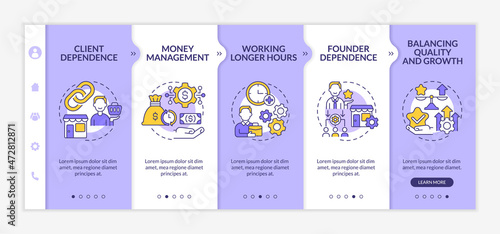 Startup boosting difficulties overcoming onboarding vector template. Responsive mobile website with icons. Web page walkthrough 5 step screens. Business color concept with linear illustrations