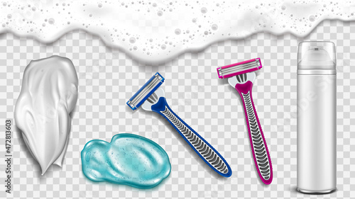 shave accessory hair tool vector. razor for women and men. foam and shaving gel. bubble foam. barber sharp hygiene skin object 3d realistic illustration