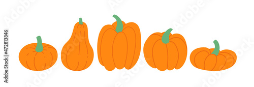 Row of five pumkins. Vector flat illustration isolated on white.