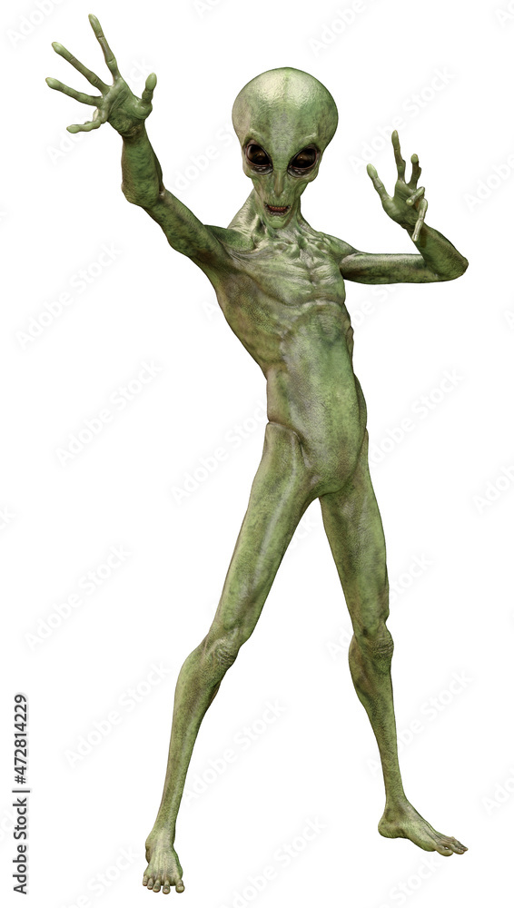 3D Rendering Green Alien on White 3D Rendering Green Alien on White