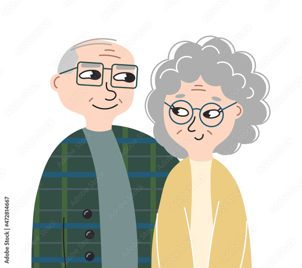 Elderly couple smile and look at each other with lovе. Long marriage concept. Happy husband and wife are pensioners. Senior couple vector illustration. Flat style. Elderly couple smile and look at each other with lovе. Long marriage concept. Happy husband and wife are pensioners. Senior couple vector illustration. Flat style.