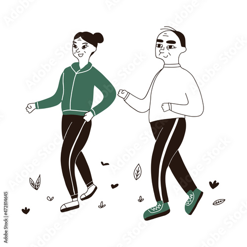 Elderly couple spends time outdoors.Concept of cartoon happy senior man and woman jogging in summer park. Happy family, old spouses. Senior couple hand drawn vector illustration.
