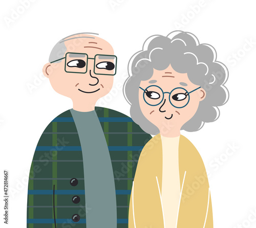 Elderly couple smile and look at each other with lovе. Long marriage concept. Happy husband and wife are pensioners. Senior couple vector illustration. Flat style.
