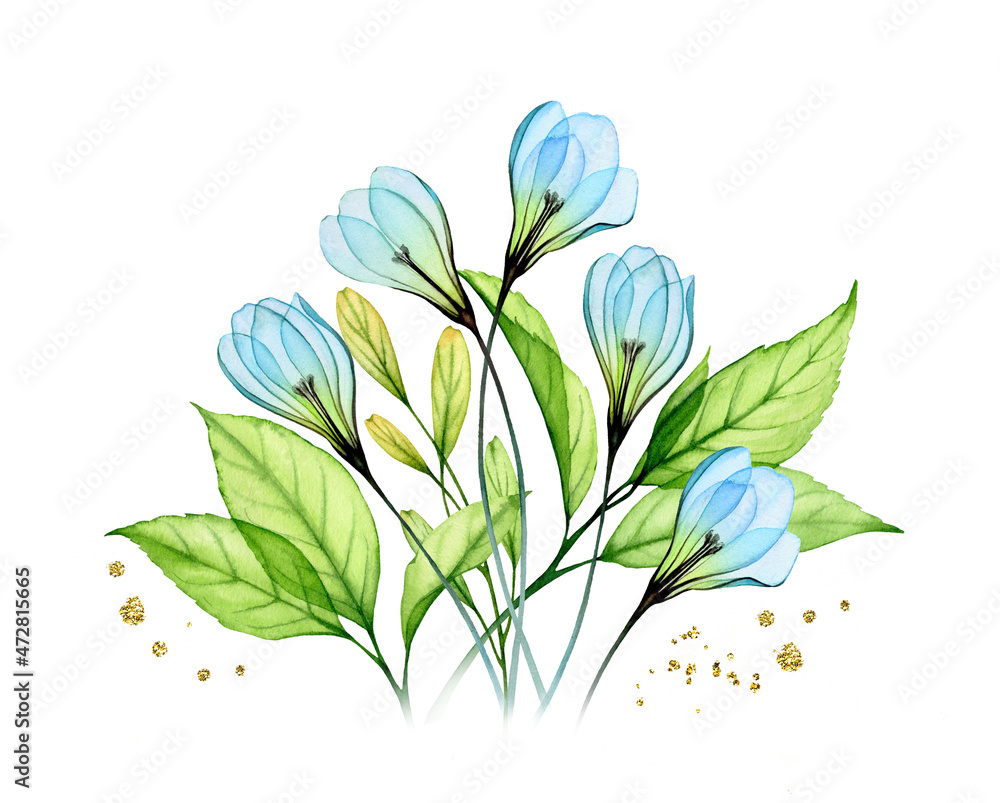 Watercolor floral composition with snowdrops. Blue transparent flowers and leaves. Hand painted isolated design. Botanical illustration for spring wedding stationery, greeting cards