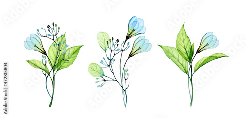 Watercolor floral compositions collection. Three bouquets with snowdrop flowers and fresh green leaves. Hand painted isolated design. Botanical illustration for spring wedding cards