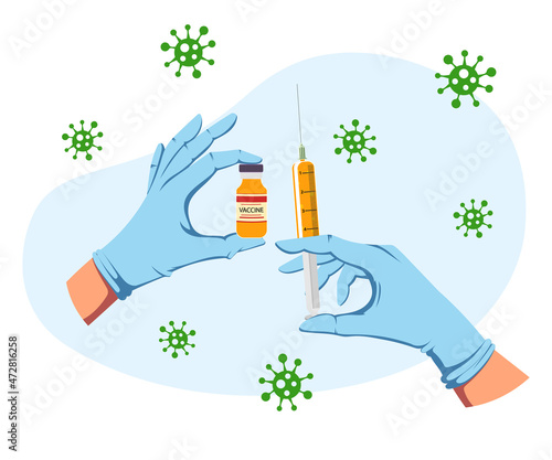 Doctor's hands with medical gloves holding orange COVID-19 vaccine bottle and syringe.