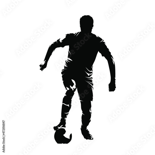 Football player running with ball, isolated vector silhouette, front view. Soccer, team sport