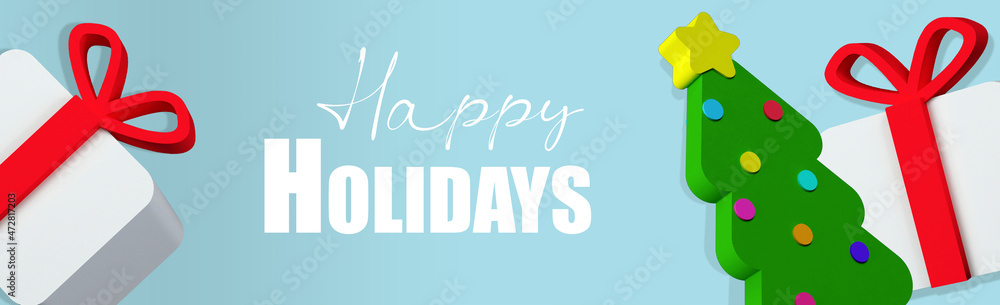 Christmas 3d illustration with tree, gift box with text Happy Holidays on blue background Christmas 3d illustration with tree, gift box with text Happy Holidays on blue background