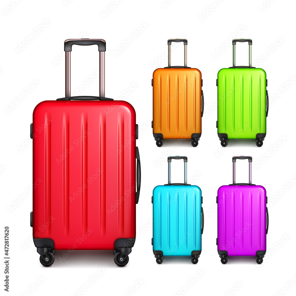 Luggage suitcase travel bag vector. Journey baggage case. vacation tourist bag. Wheel airport carry briefcase. plastic voyage trolley with handle. 3d realistic illustration Luggage suitcase travel bag vector. Journey baggage case. vacation tourist bag. Wheel airport carry briefcase. plastic voyage trolley with handle. 3d realistic illustration
