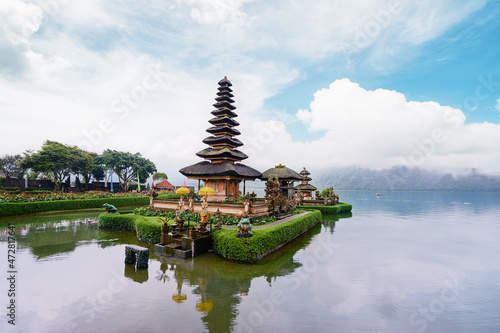 Hindu Temple Pura Ulun Danu on lake Bratan, Bali Indonesia, one of famous tourist attraction.