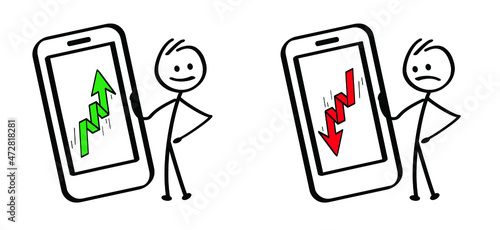 Drawing businessman with economy crisis concept. Cartoon, comic business stickman stick figure man woman. Office worker manager. Vector line up, down  arrow graph symbol. Growing strategy, sale market
