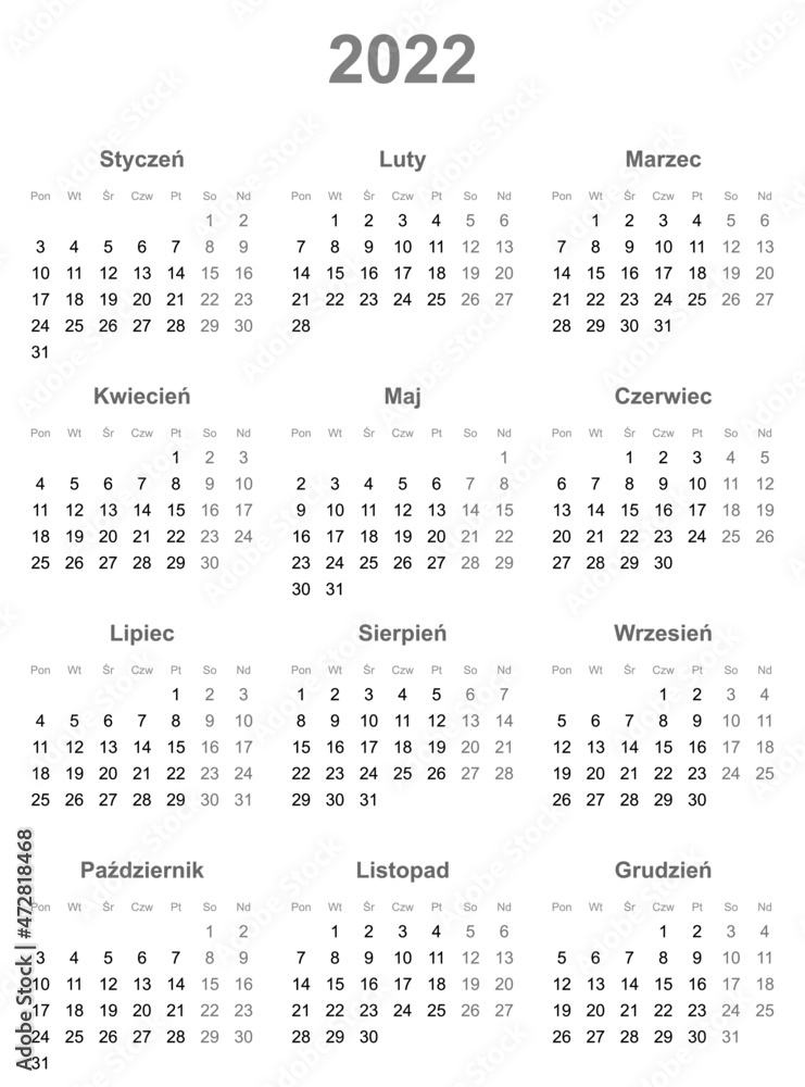 Calendar for 2022 with polish characters, gray and black