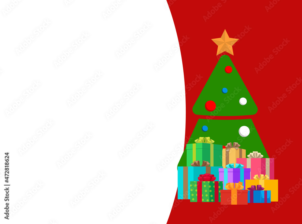 Merry Christmas greeting card with fir tree. Vector invitation leaflets with spruce decorated by balls and topped by star, piles of presents in boxes Merry Christmas greeting card with fir tree. Vector invitation leaflets with spruce decorated by balls and topped by star, piles of presents in boxes