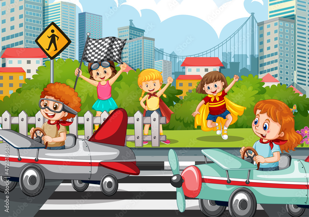 Outdoor scene with children racing car Outdoor scene with children racing car