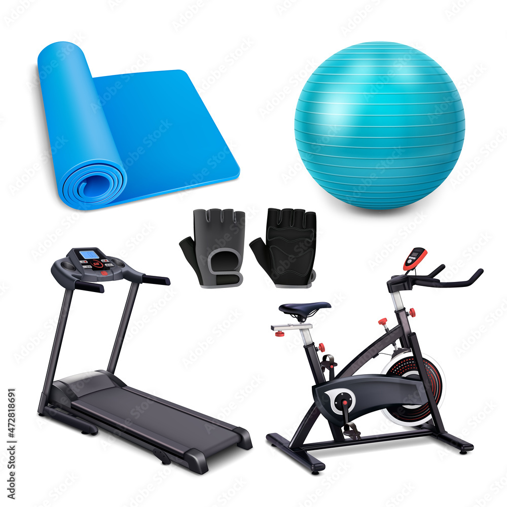 Sport Equipment For Exercising In Gym Set Vector. Fitness Mat And Pilates  Ball, Gloves Athlete Sportswear, Treadmill And Exercise Bike Sport Tools.  Training Tools Template Realistic 3d Illustrations Stock Vector