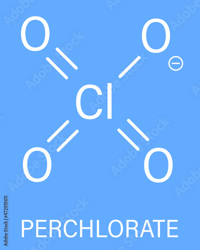 Perchlorate anion, chemical structure. Salts are used in rocket propellants. Skeletal formula.