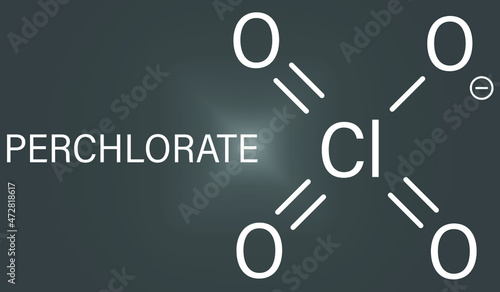 Perchlorate anion, chemical structure. Salts are used in rocket propellants. Skeletal formula.