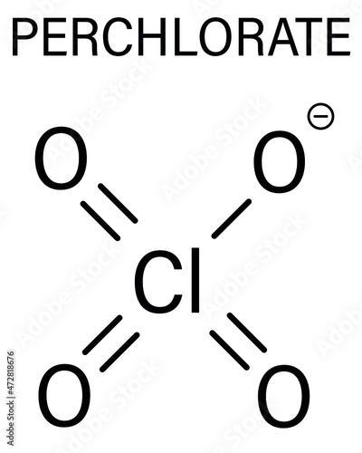 Perchlorate anion, chemical structure. Salts are used in rocket propellants. Skeletal formula.