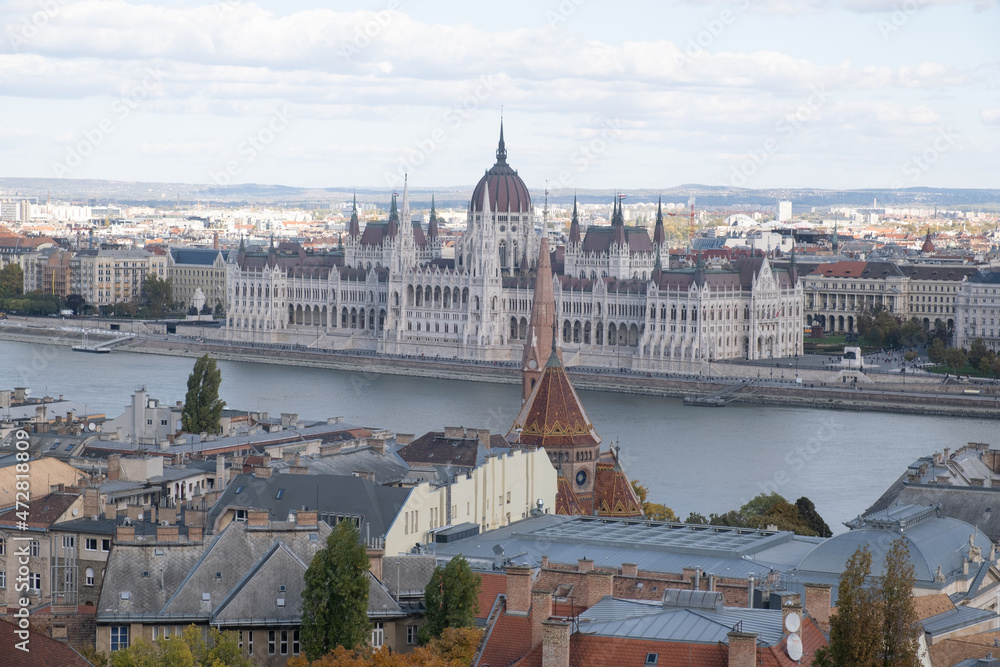 Famous building of Hungarian Parliament, neogothic landmark in Budapest city. Danube river