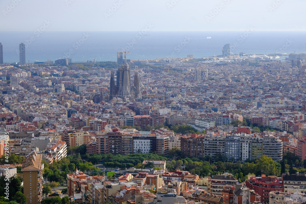 Barcelona aerial view, cityscape and horizon. La Sagrada Familia and sea, city architecture