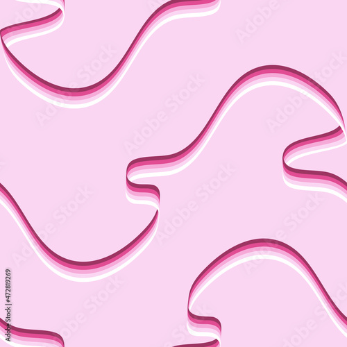 Seamless vector pattern with flowing ribbon on pink background. Wavy rainbow wallpaper design. Decorative colour gradient fashion textile.