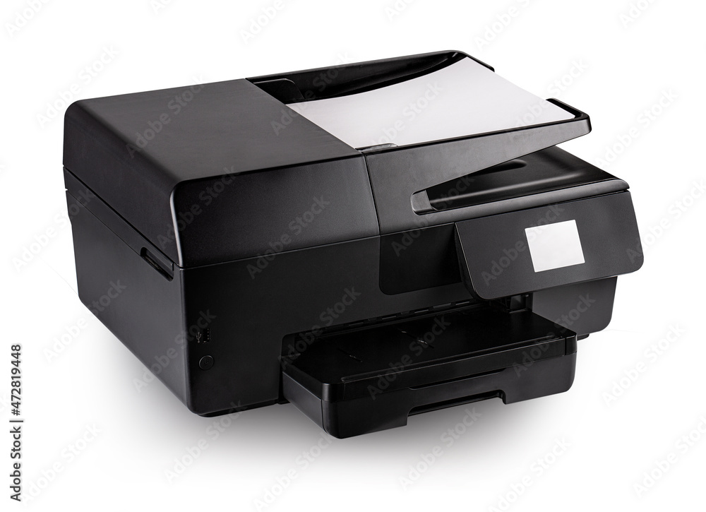 modern multifunction black inkjet printer with paper isolated on white background modern multifunction black inkjet printer with paper isolated on white background