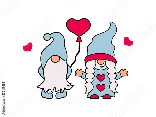 Gnomes with hearts are on white background. Valentine's day card. Vector illustration.