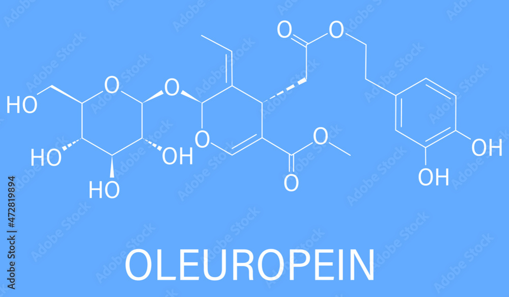 Oleuropein olive component molecule. In part responsible for pungency of virgin olive oil, may have beneficial properties. Skeletal formula. Oleuropein olive component molecule. In part responsible for pungency of virgin olive oil, may have beneficial properties. Skeletal formula.