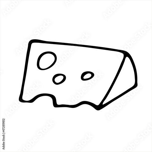 Doodle is a hand-drawn sketch of cheese, isolated on a white background. A simple illustration for cafes, restaurants, the Internet, messages, advertising. Black and white image.