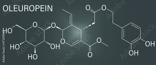 Oleuropein olive component molecule. In part responsible for pungency of virgin olive oil, may have beneficial properties. Skeletal formula.