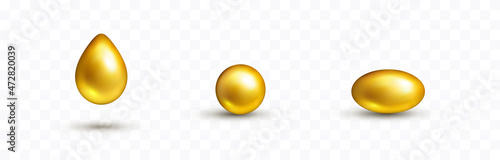 Oil gold elements isolated on transparent background. Cosmetic capsule set of vitamin E, A or omega 3. Vector realistic serum droplet of collagen essence and golden antibiotic gel pill icons