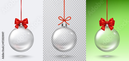 Christmas tree empty balls with ribbon set isolated on gray, transparent, green backgrounds. Vector translucent clear glass xmas bauble and red bow templates