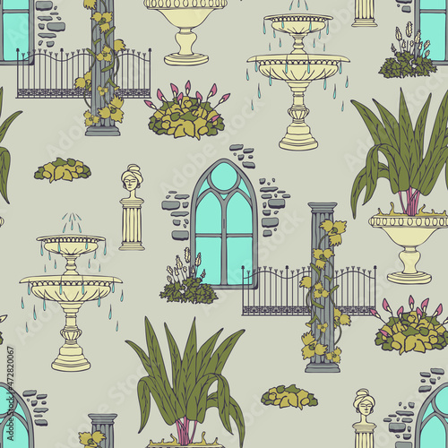 Seamless vector pattern with Victorian style garden on beige background. Vintage greenhouse wallpaper design. Decorative urban fashion textile.