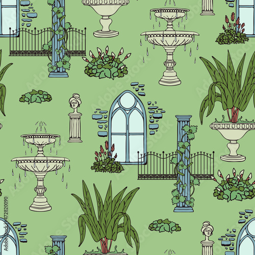 Seamless vector pattern with Victorian greenhouse on green background. Romantic royal garden wallpaper design. Decorative culture fashion textile.
