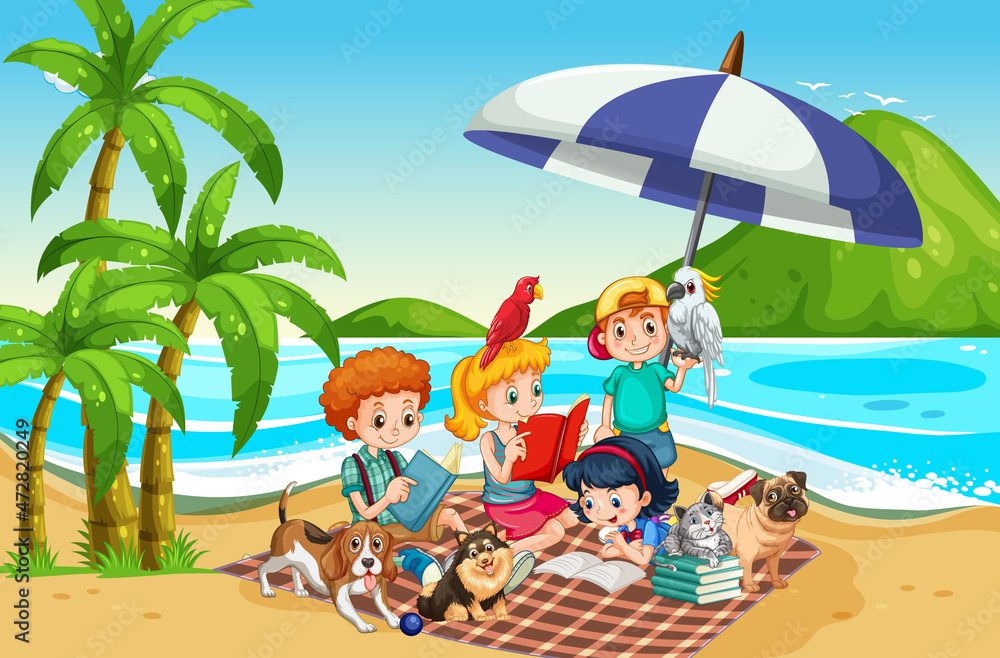 Beach scene with children playing with their dogs Beach scene with children playing with their dogs