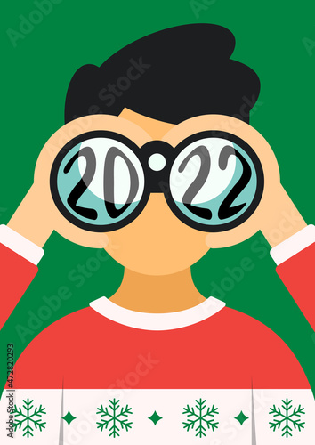 2022 new year concept decorative with teenager holding binoculars flat design style