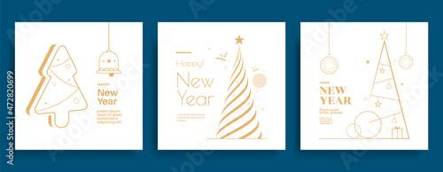 New Year and Christmas greeting card design. Christmas tree vector illustrations set. Modern Xmas design holiday cover in gold color.