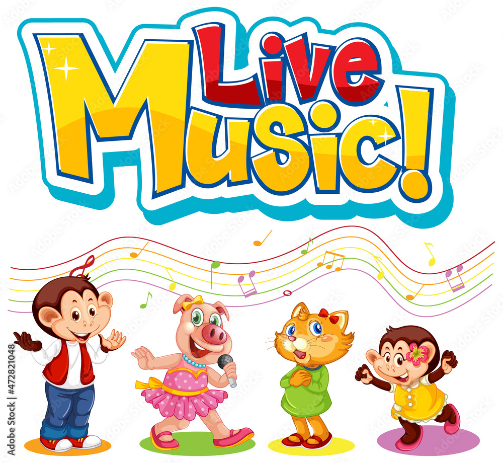 Live Music logo with cute animals singing Live Music logo with cute animals singing