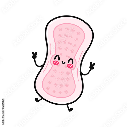 Cute funny jumping menstrual pad character. Vector hand drawn cartoon kawaii character illustration icon. Isolated on white background. Menstrual pad character concept