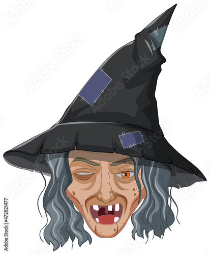 Wicked old witch face on white background