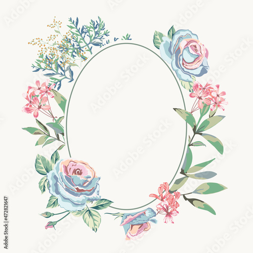 round empty banner and floral bunch with beautiful roses, wild flowers, wormwood plant