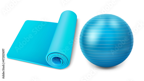 Fitness Mat And Pilates Ball Accessory Set Vector. Fit Mattress And Rubber Ball For Training Sport Exercise In Gym. Gymnastic Sportive Tools For Aerobic Template Realistic 3d Illustrations
