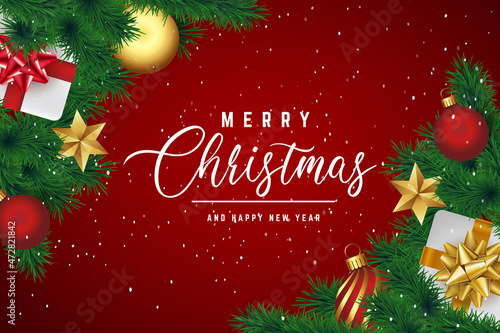 merry christmas background with gift box and ball lamp	