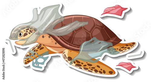 Turtle stuck with plastic trash cartoon sticker